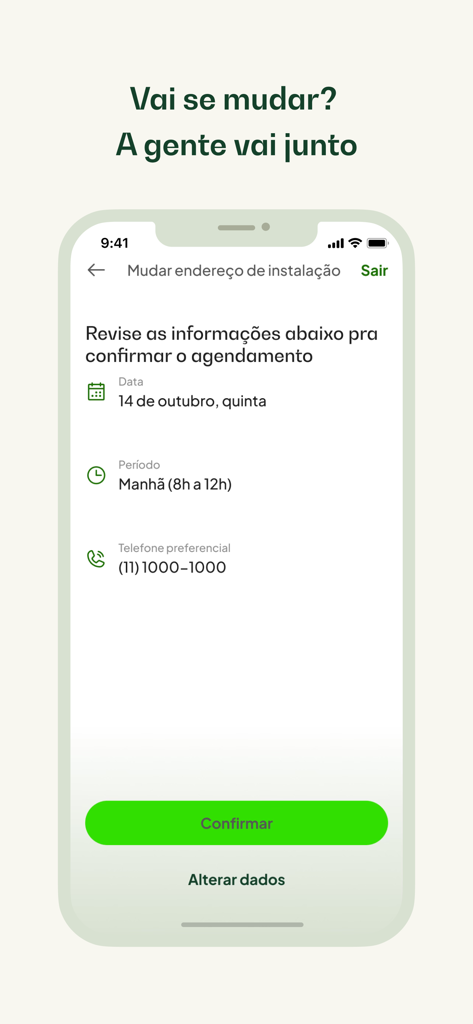 Interface do aplicativo Nio para agendamento de mudança de endereço de instalação de internet fibra