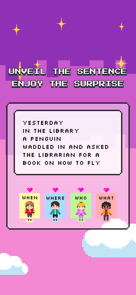 WHacky: Phrase to Story Game - A screen from the WHacky game showing a humorous sentence created by four players and their pixel art avatars.