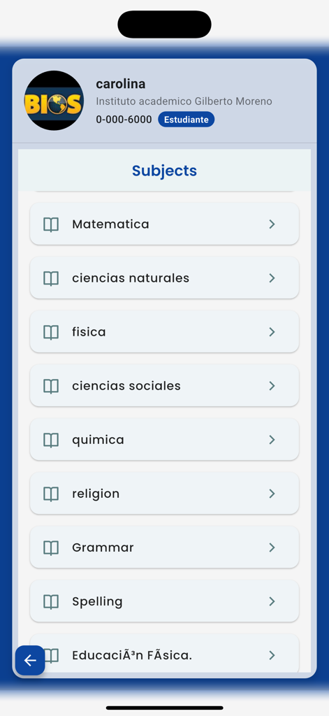 BS Educativo - Una lista de materias académicas para un estudiante en la aplicación móvil BS Educativo.