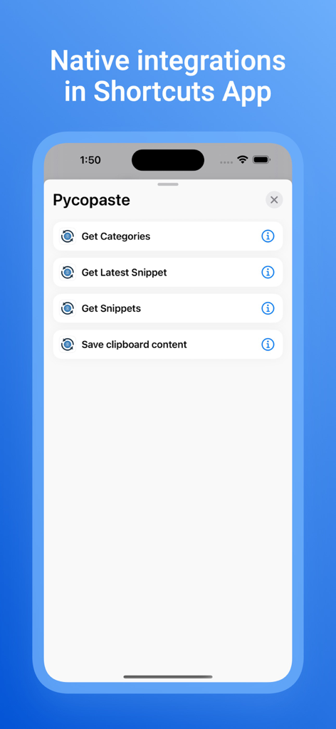 Clipboard Manager - Pycopaste - Interfaz que muestra integraciones nativas de Pycopaste dentro de la aplicación Atajos de iOS con opciones para obtener fragmentos y guardar el contenido del portapapeles.