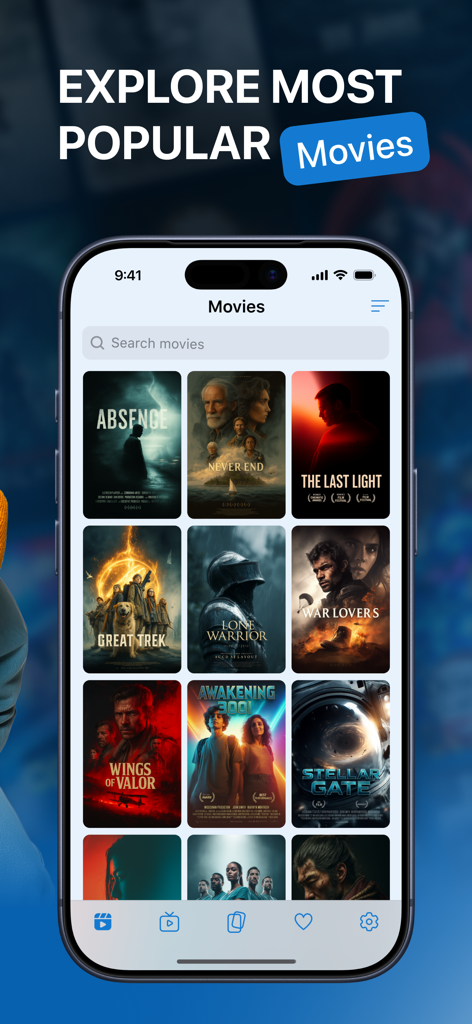 Kino! - Tela do iPhone mostrando a interface de descoberta de filmes do aplicativo Kino com uma grade de pôsteres de filmes populares e uma barra de pesquisa.