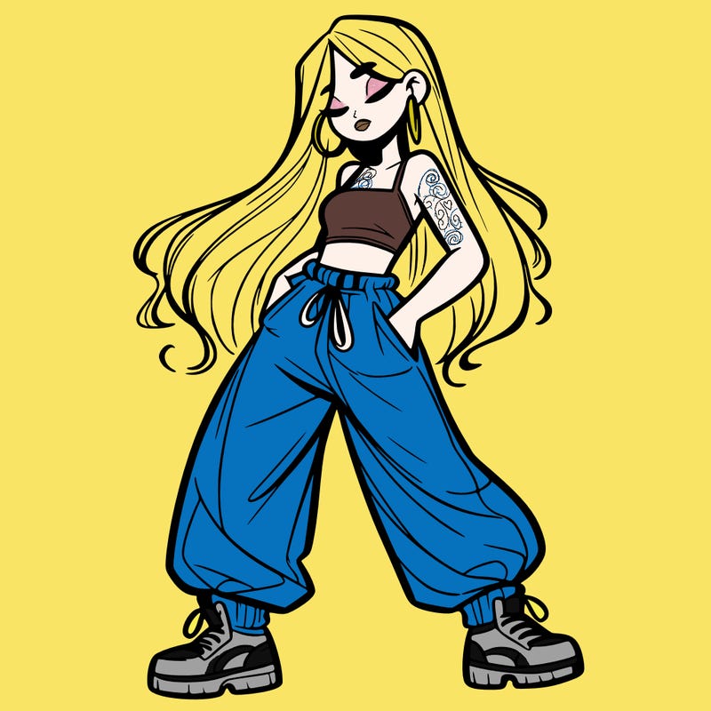 girl in baggy pants crop top and long hair