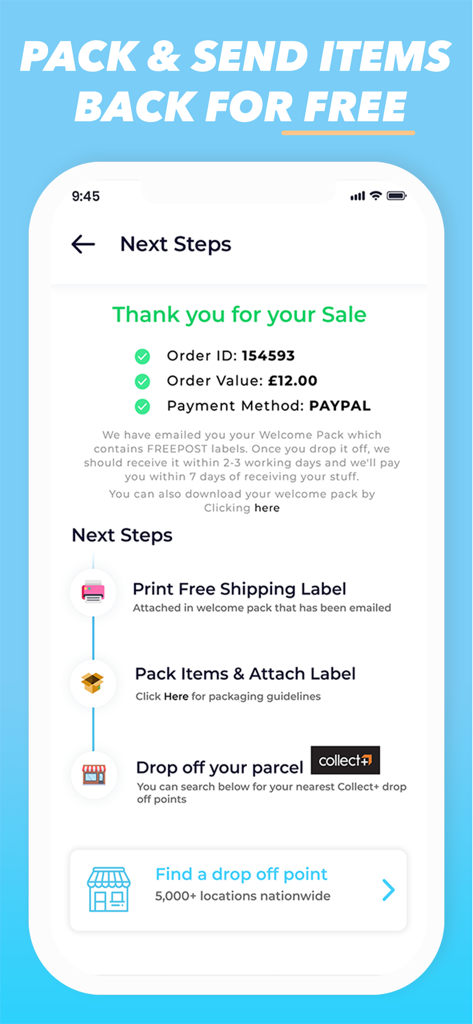 Tela do aplicativo Venda de Volta mostrando as três etapas para enviar livros vendidos gratuitamente.