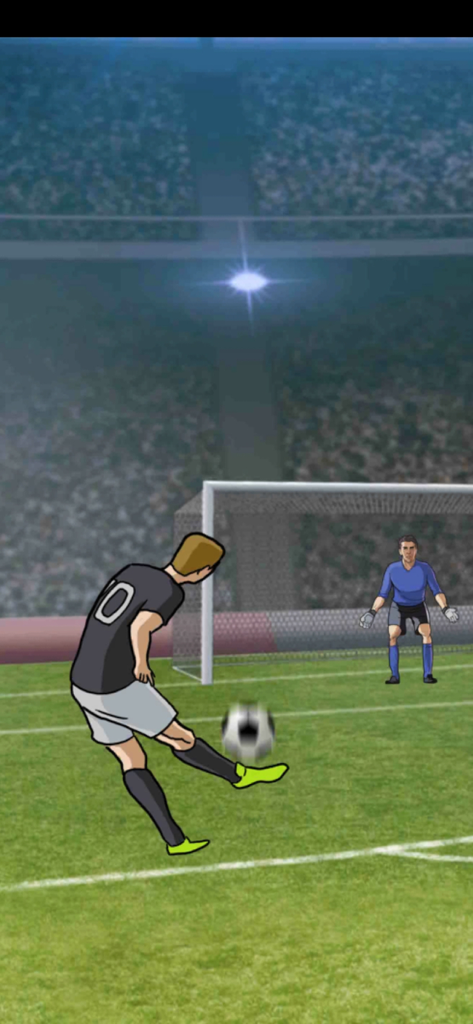 Football Tycoon - A football player in a number 10 jersey kicking a ball towards the goal in a stadium.