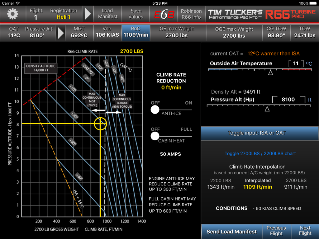 R66 PRO - R66 PRO app interface showing Robinson R66 climb rate performance graph and flight data calculations