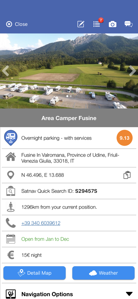 Screenshot of the searchforsites app showing details for a motorhome stopover in Italy including price location and user ratings