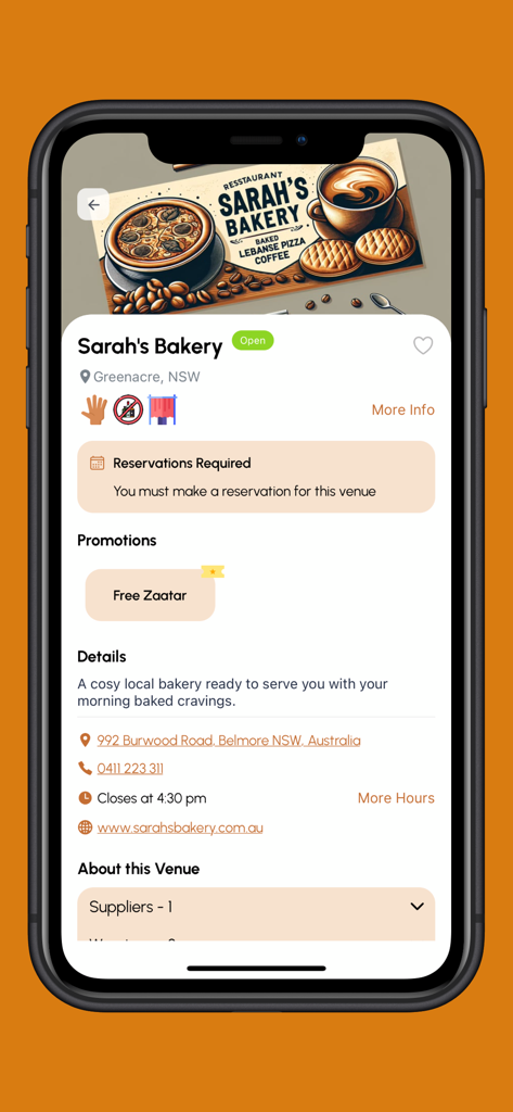 alkasa - Ein Mobile-App-Bildschirm mit detaillierten Informationen für eine Halal-Bäckerei, einschließlich Adresse und Werbeaktionen.