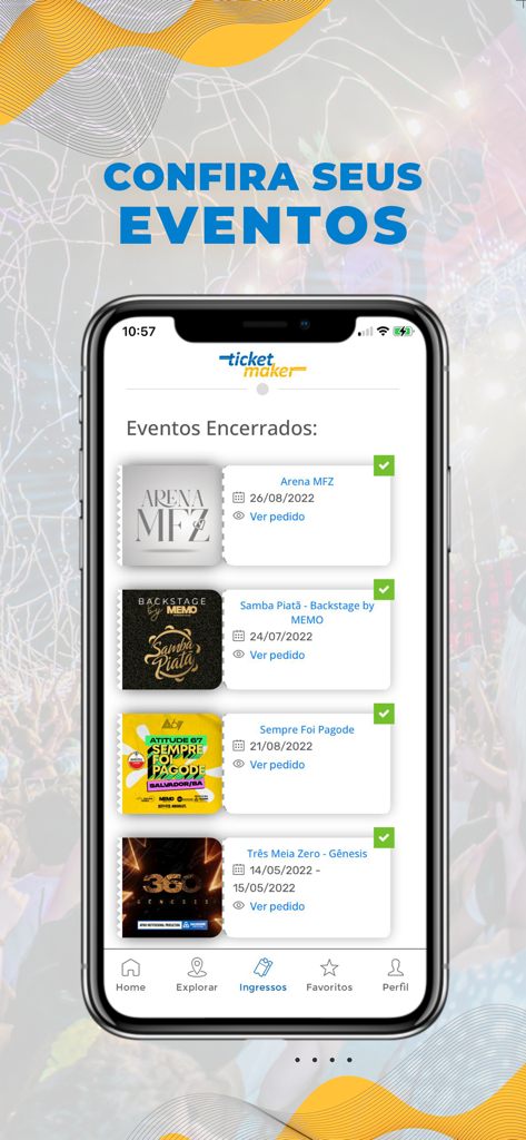 Ticket Maker mobile App-Oberfläche, die eine Liste vergangener Event-Tickets und der Historie anzeigt