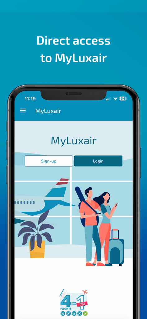 Pantalla de inicio de sesión y registro de la aplicación móvil Luxair con acceso a la cuenta MyLuxair