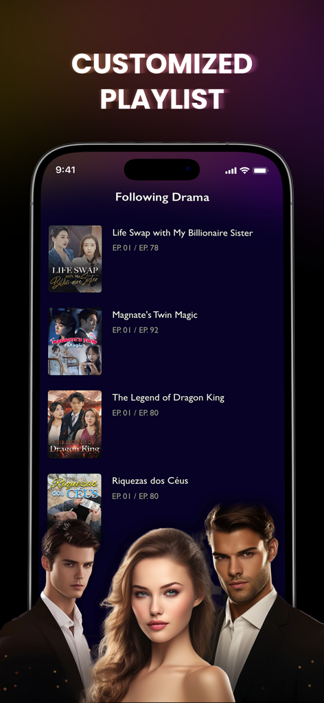 FlipTV - Watch Short Dramas - A smartphone showing the FlipTV app interface with a customized playlist of short dramas like Life Swap with My Billionaire Sister.