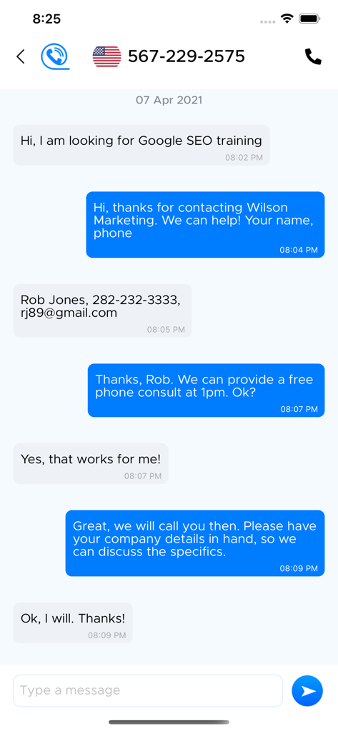 The Call Portal & Phone Number - SEO 교육에 관한 비즈니스와 리드 간의 통화 포털 앱 내 문자 대화