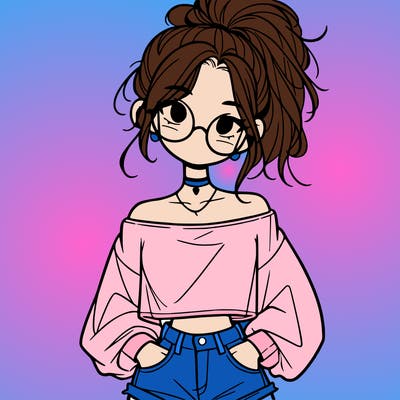 girl with a messy ponytail glasses a baggy crop top and jean shorts