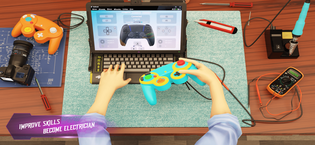 A person repairing a game controller on an electronics workbench with tools like a multimeter and soldering iron