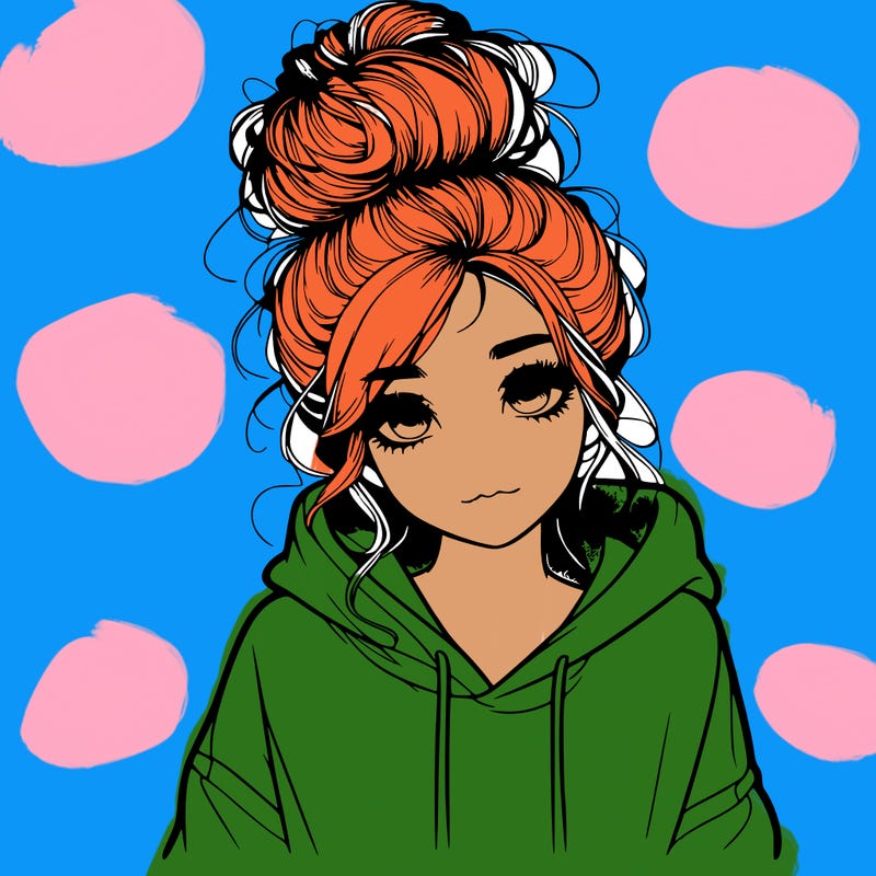 realistic girl with a massy bun and a hoodie