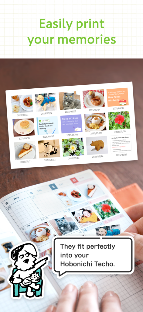 物理的なプランナーにほぼ日手帳アプリから印刷されたデジタル写真を配置する人物。