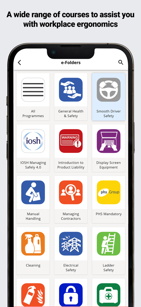 Human Focus - Human Focus mobile app interface displaying a menu of workplace safety and vocational training modules