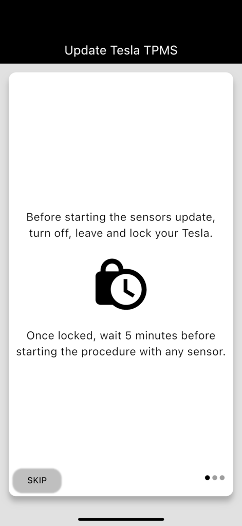 Update TPMS - Instruction screen for Tesla TPMS sensor update advising to lock vehicle and wait five minutes