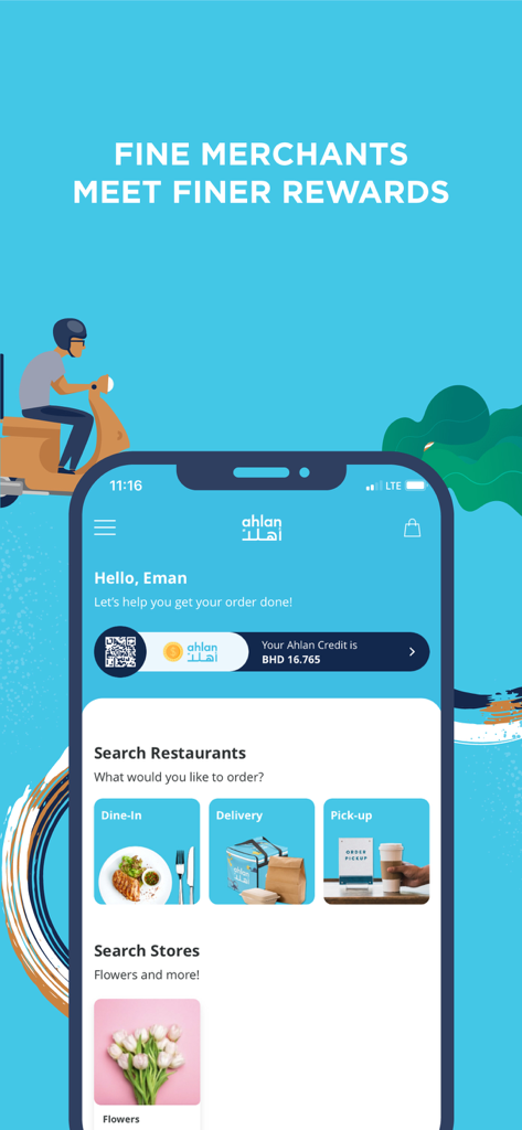 Ahlan Rewards - Home screen of the Ahlan Rewards app featuring dine-in, delivery, and pick-up options