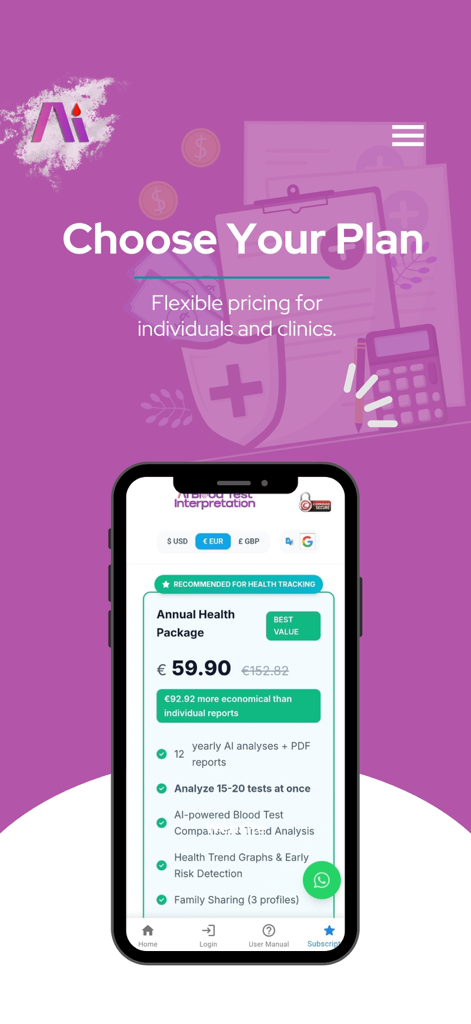 Kantesti – AI Blood Test - Kantesti AI Blood Test subscription page showing the Annual Health Package and pricing options for personalized health tracking