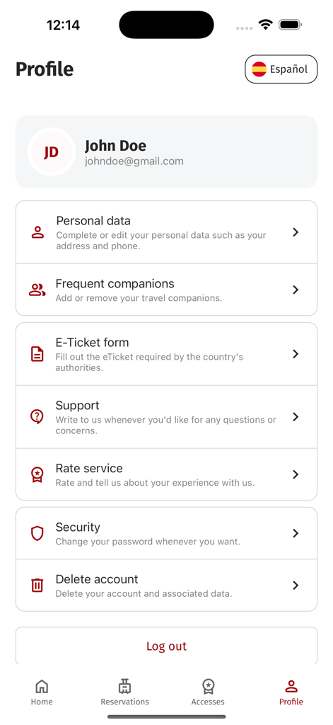 BeforeBoarding - Interfaz del perfil de la aplicación BeforeBoarding que muestra opciones de menú para datos personales, acompañantes frecuentes, formularios de billetes electrónicos y configuración de la cuenta.