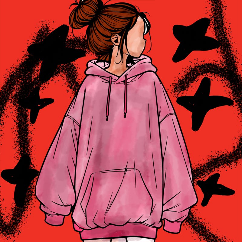 realistic girl with a oversized sweatshirt on and a bun