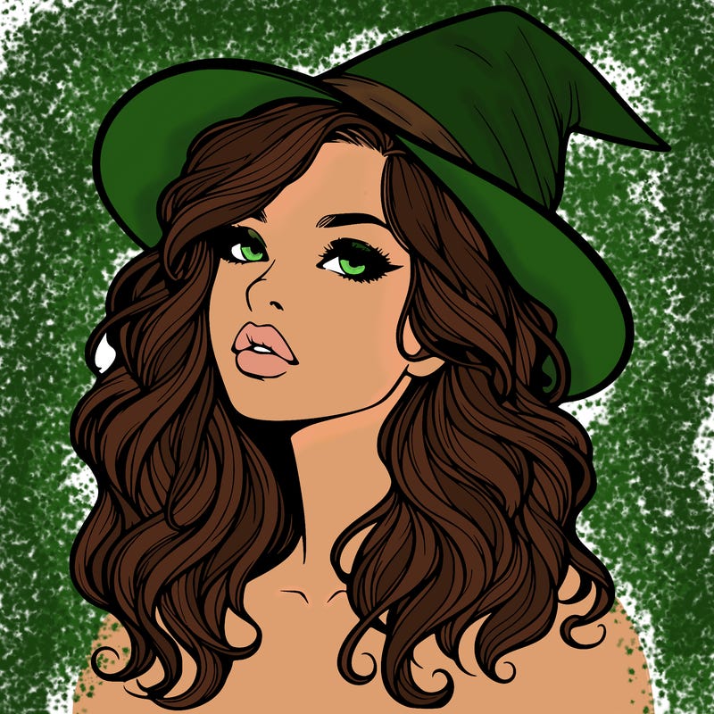 realistic witch girl with wavy hair and lips