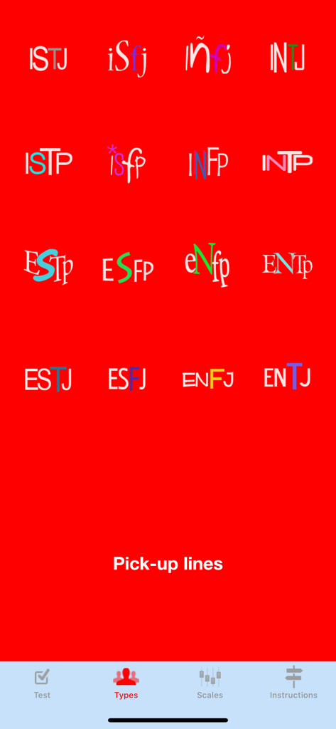 A red screen from the Date Mate Dating app displaying sixteen stylized MBTI personality type codes and a pick-up lines button.
