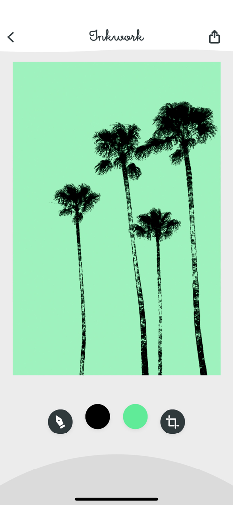 Inkwork - A black ink sketch of palm trees on a light green background within the Inkwork app interface