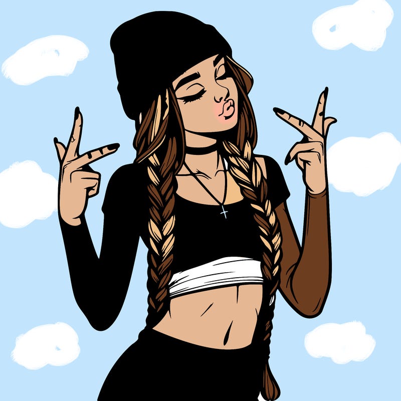 realistic teenage girl with braids and a beanie and crop top doing 🫶🏼