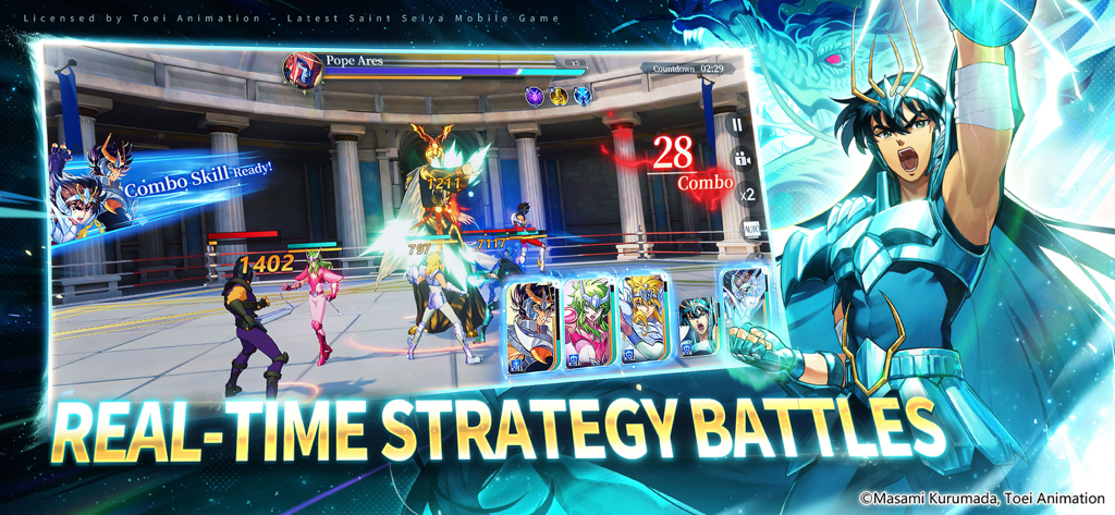 Saint Seiya EX official mobile game featuring 3D real time strategy battles and character cards