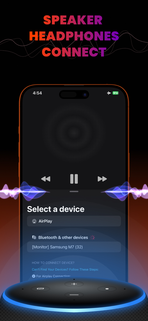 Bildschirm, der Lautsprecher- und Kopfhörer-Verbindungsoptionen in der Volume Booster App anzeigt