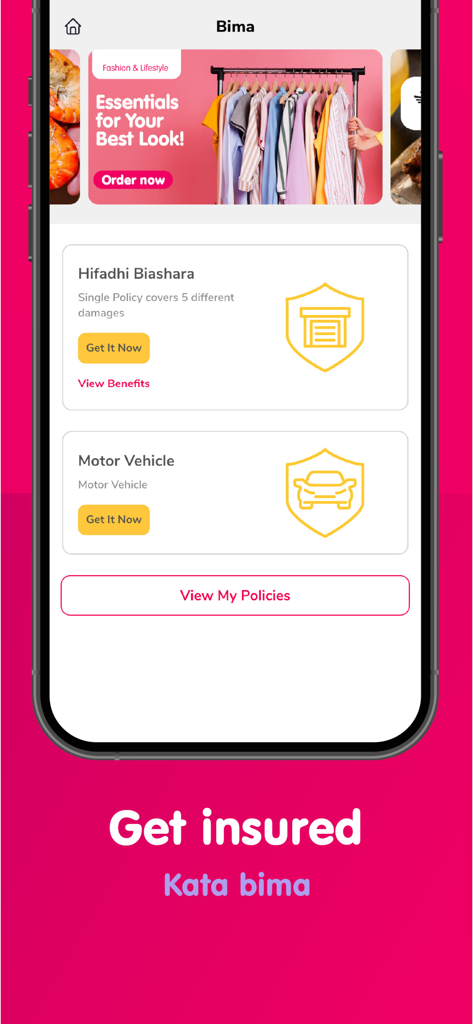 duka.direct - Interface of the duka.direct app showing business and motor vehicle insurance options with Swahili translations.