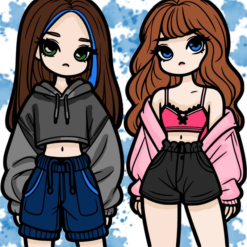 two girls one in baggy clothes the other in crop top and shorts