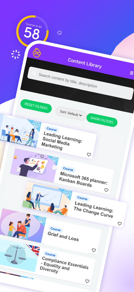 Litmos - Litmos app content library displaying various corporate training courses