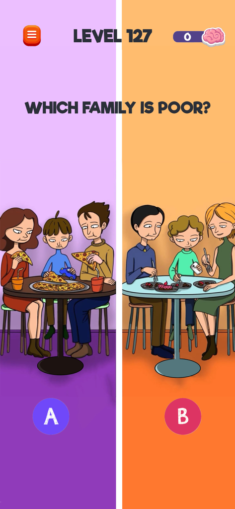 Riddle Test: Brain Teaser Game - A logic puzzle screen asking which family is poor with two side by side cartoon scenarios.