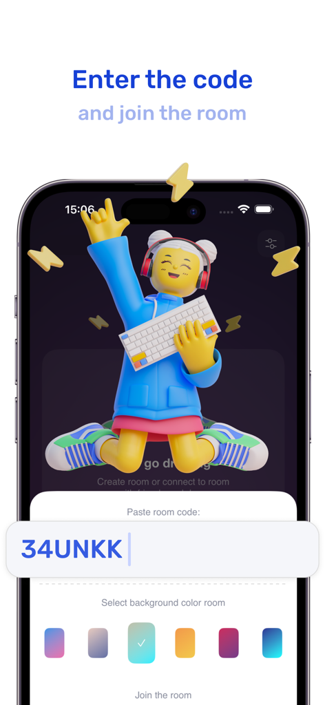 Screen to enter a room code and select a background color in the DuoArt drawing app