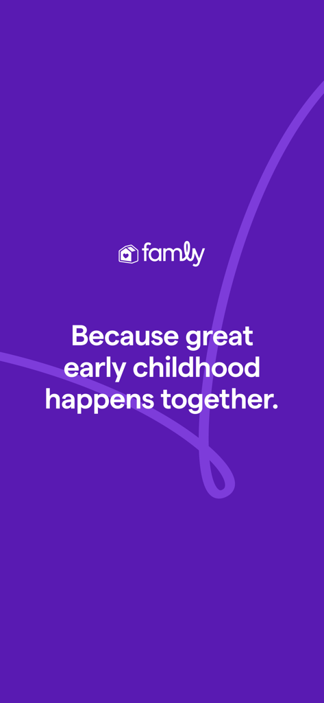 Famly app intro screen featuring the slogan because great early childhood happens together on a purple background