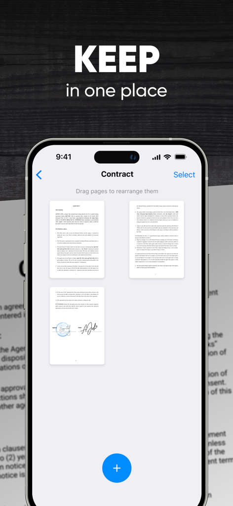 Interface of the Scanner App showing a multi-page contract with digital signatures on a smartphone.