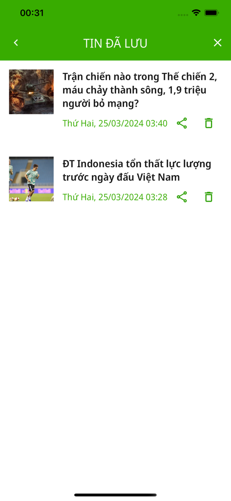 danviet.vn - Screenshot of the saved news section in the danviet.vn app showing bookmarked articles for offline reading