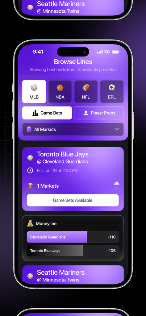Stat AI - Sports Analysis - Stat AI app interface showing sports betting odds comparison for MLB games including moneyline