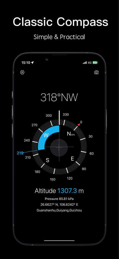 Compass - GPS Altimeter - Interface elegante de bússola digital mostrando direção, altitude e coordenadas em modo escuro