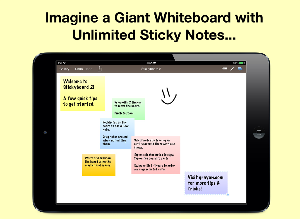 Stickyboard 2 - iPad screen displaying the Stickyboard 2 app with various colored digital sticky notes and a hand drawn smiley face on a virtual whiteboard