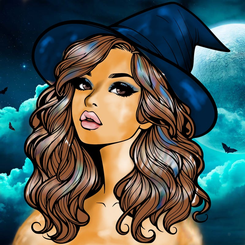realistic witch girl with wavy hair and lips