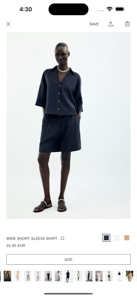 Zara SHWRM - Página de produto profissional no aplicativo Zara SHWRM apresentando uma camisa azul marinho de manga curta larga para insiders da moda