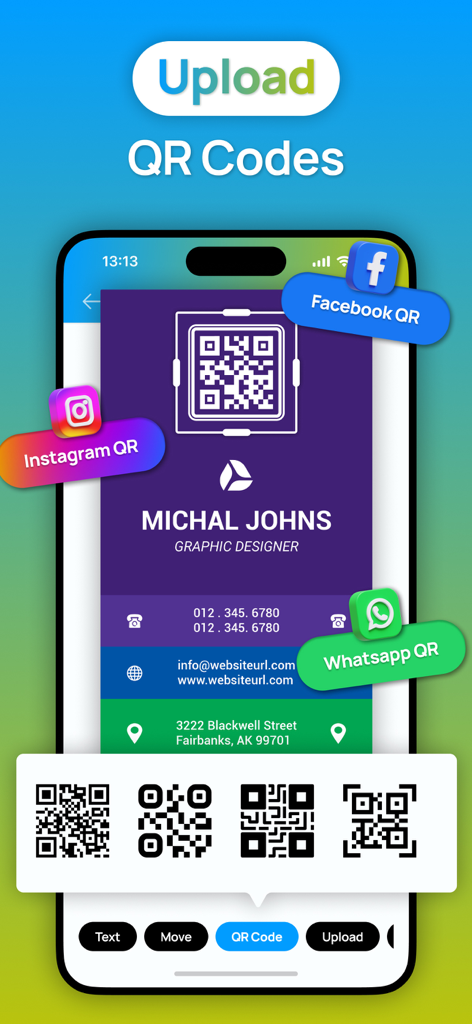Business Card Maker : Editor - Interfaz de la aplicación móvil para añadir códigos QR de redes sociales a un diseño de tarjeta de presentación