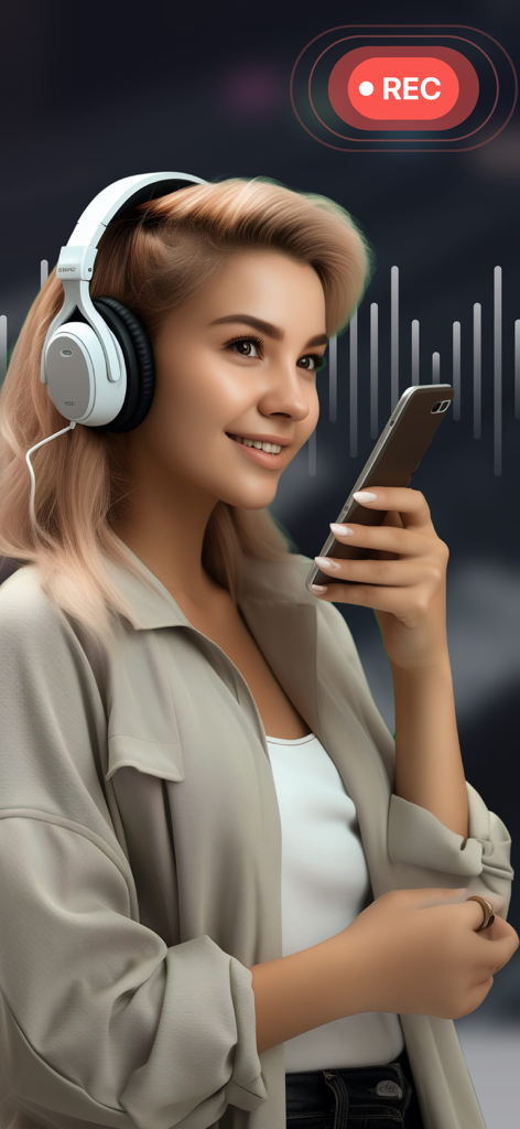A woman holding a smartphone and recording audio with a red recording icon and sound wave graphics in the background