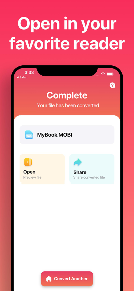 Captura de pantalla de la aplicación El Convertidor de Ebooks mostrando una conversión de archivo exitosa a formato MOBI con opciones para abrir o compartir el archivo.