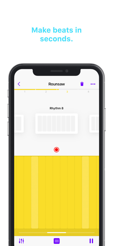 Beatwave - Music Made Easy - Beatwave mobile app interface featuring a yellow rhythm grid and record button for making beats in seconds
