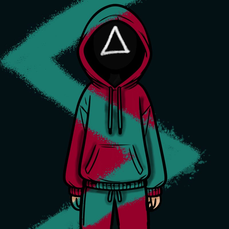 faceless girl in a tracksuit with a hood on and no hair