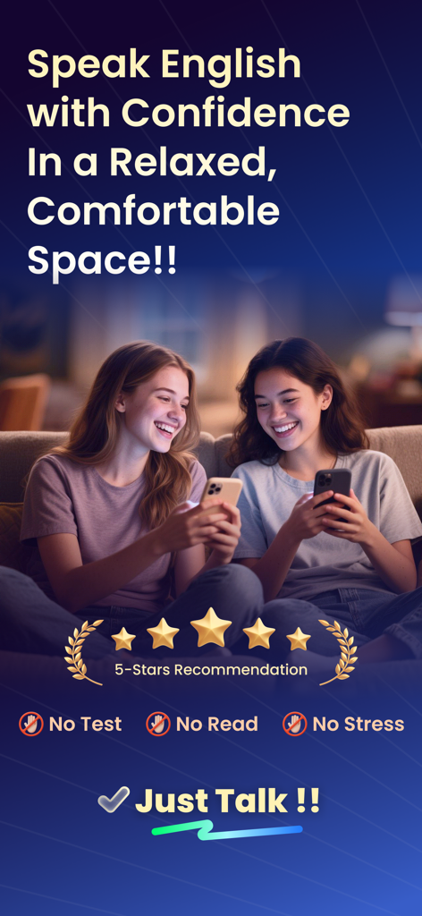 TalkFlow:Speak English Better - Deux jeunes femmes utilisant l'application TalkFlow pour pratiquer l'anglais de manière décontractée sur leurs téléphones à la maison